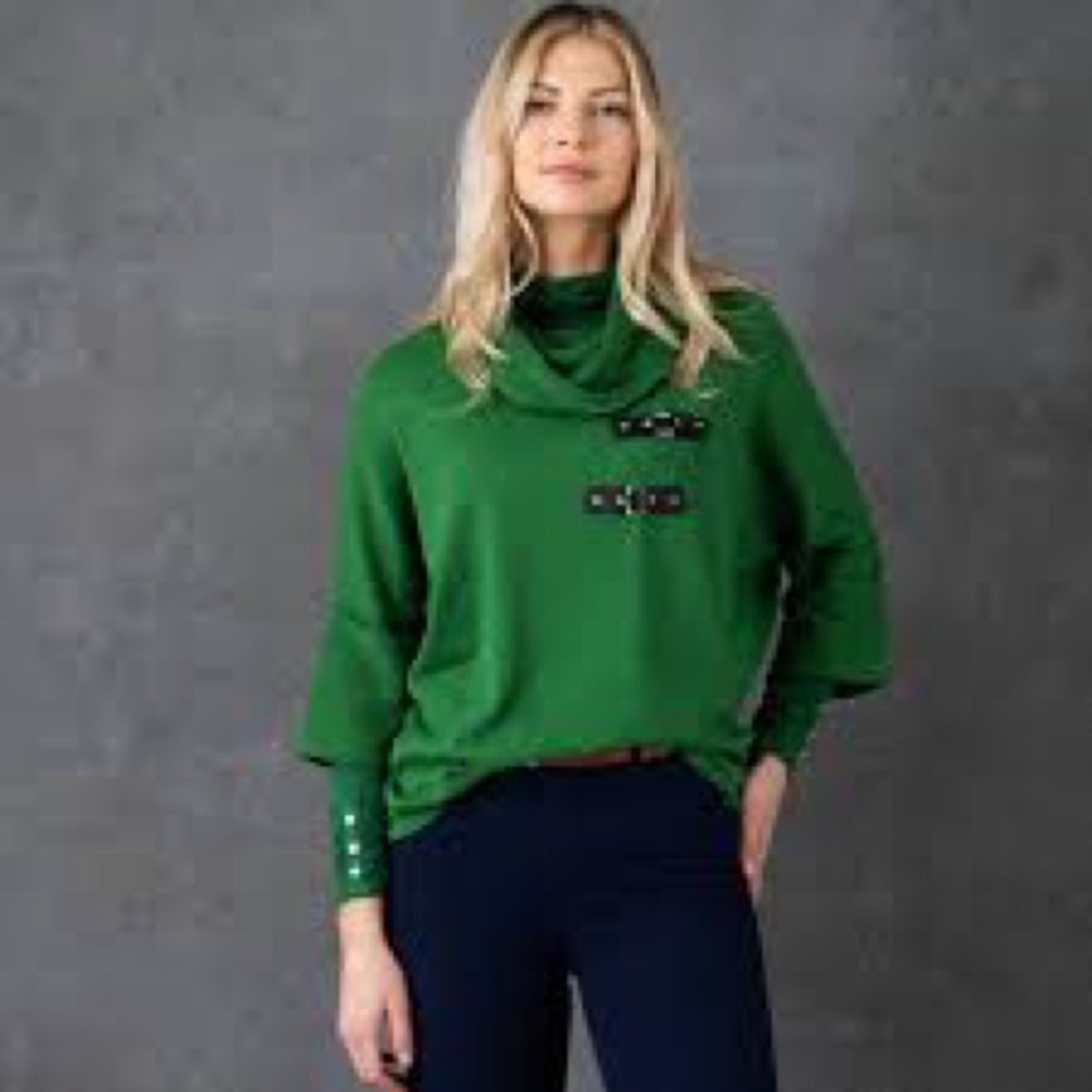 Marble Kelly Green Buckle Cowl Neck Sweater